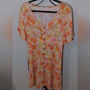 Rewind Floral V-Neck Mini Dress - Orange, Pink, Cream